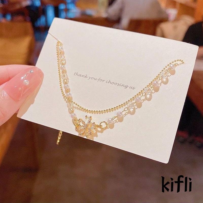 【kifli】Gelang Tangan Rantai Baja Lapis Ganda Aksen Bunga + Mutiara + Zircon Untuk Wanita