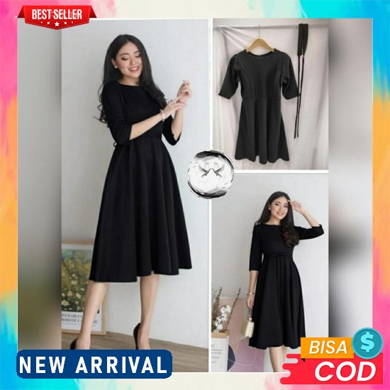 Baju Dress Wanita Modern Model Terbaru Motif Batik Lengan Pendek Selutut Party Natal Seragaman Karya