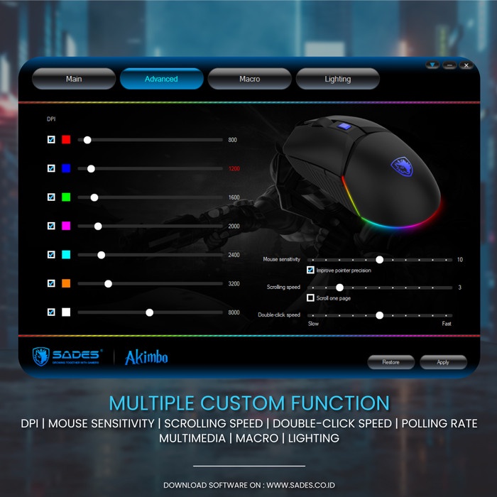 Mouse Gaming RGB Sades Akimbo Dual Mode Lightweight