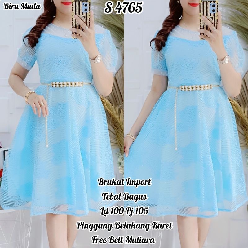 RESTOK S 4765 #Dress Brukat Mix Tile Dot 5110 Biru Muda+Belt 115.000 Ket Lengkap di Foto