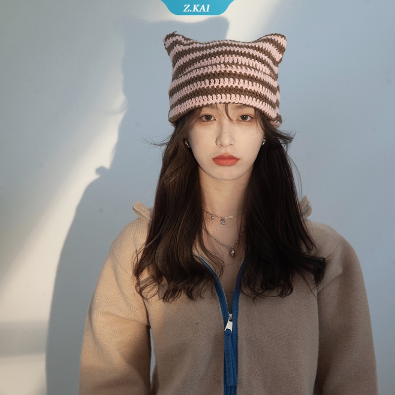 Topi Beanies Rajut Motif Garis Aksen Telinga Kucing Bahan Wol Gaya Harajuku hip-hop Untuk Wanita