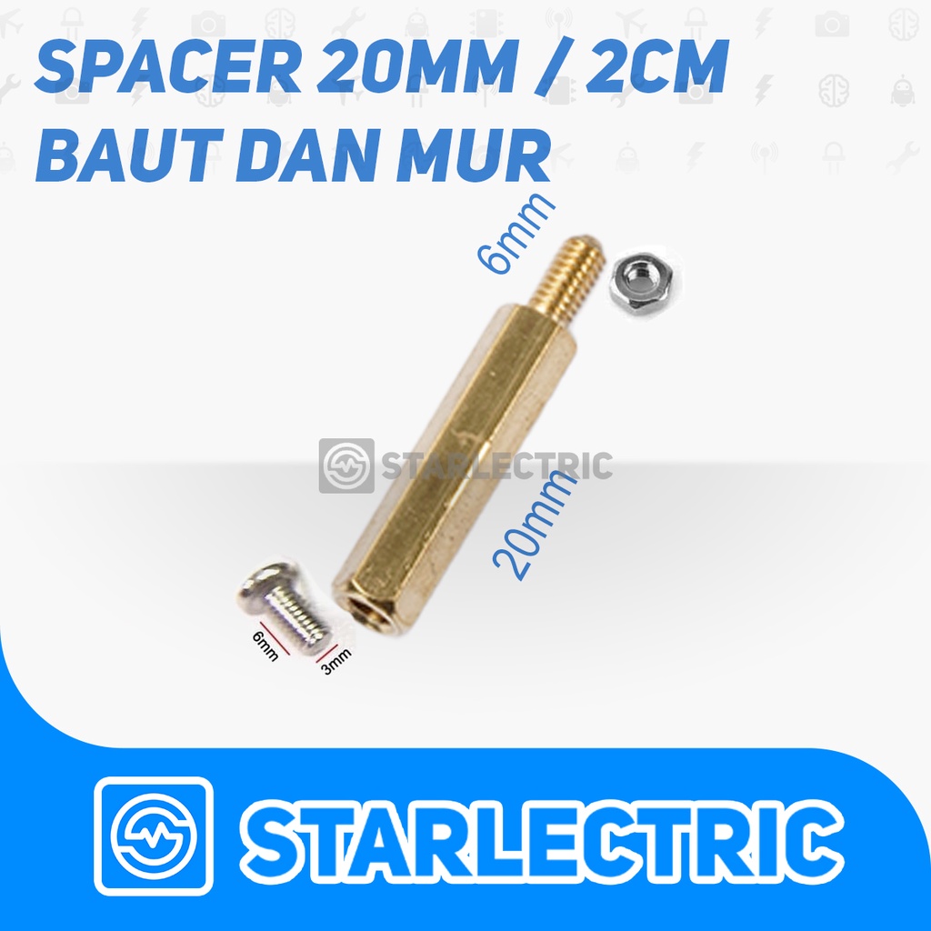 Spacer Besi Kuningan M3 Hex Screw 20+6 PCB 2cm 20mm Lengkap Mur Baut