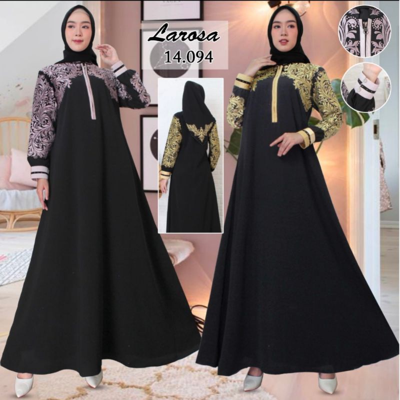 Set gamis Bordir Larosa 14.094  all Hitam  /  Abaya gamis Larosa bordir original set kerudung /  Dre