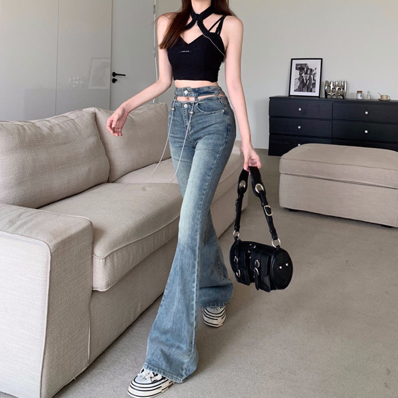 Suhao ukuran besar gadis panas gaya melubangi pinggang micro-flared jeans wanita musim gugur high street retro slim lebar kaki celana panjang trendi