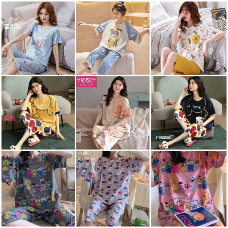 Baju tidur wanita import / piyama wanita 7/8 setelan bahan kaos katun C16-D2