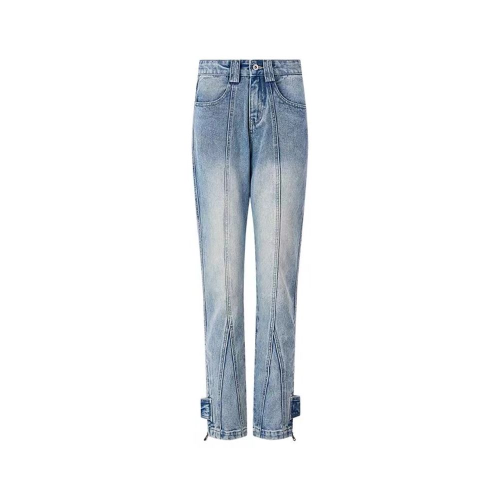 Suhao design sense slit split pants leg adjustment jeans pria dan wanita high street vibe style straight tube slim micro flared trousers