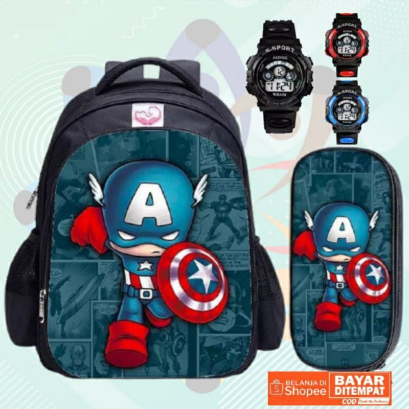 Paket Lengkap Banyak Bonus Tas Ransel Captain Amerika 5in1 Tas Anak laki-laki Sekolah TK SD