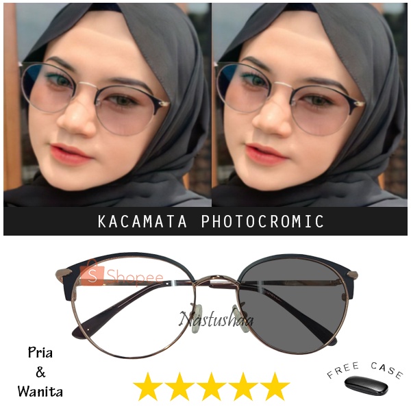 Kacamata Photocromic Korea Potokromik Photochromic Normal Pria Wanita Bingkai Oval Metal Unisex FREECASE