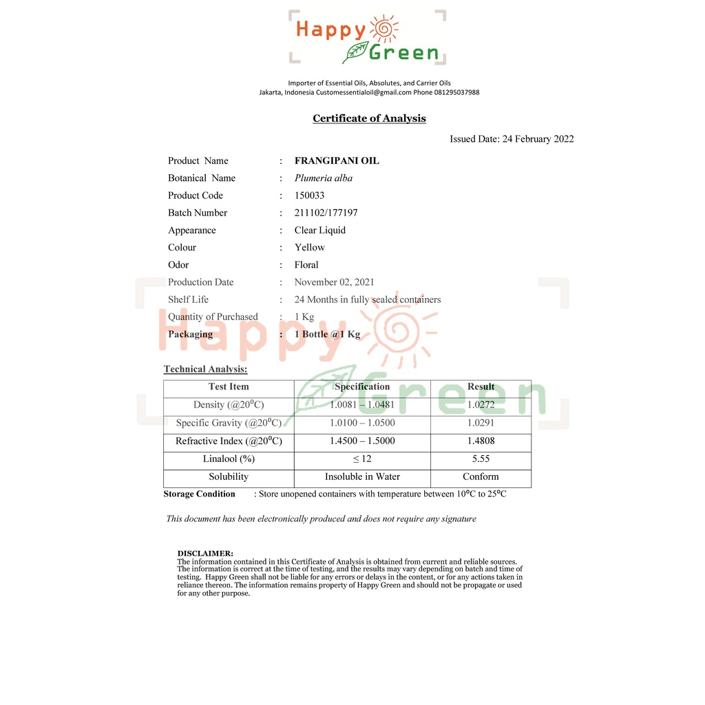 BPOM Approved Happy Green Frangipani Essential Oil - Minyak Bunga Kamboja Murni