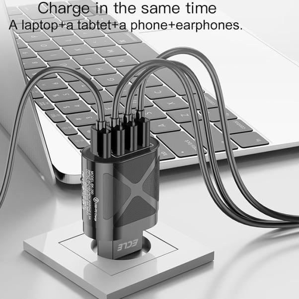ECLE Adaptor Charger Fast Charging 4 USB QC3.0 Black White - Hitam