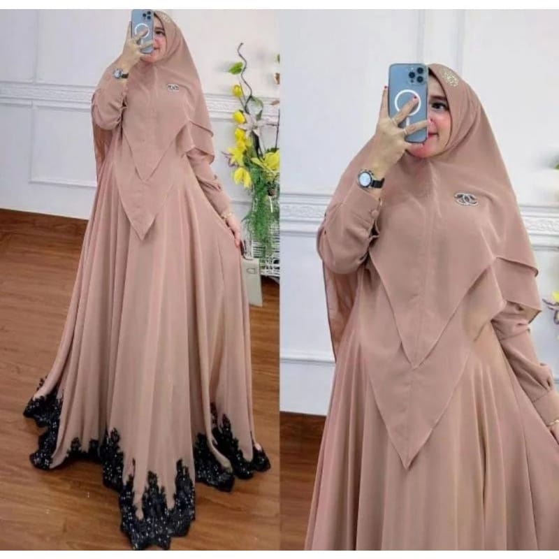 Baju Syari Terbaru 2022 Gamis Set Jilbab Rabiya Syari Khimar 2 Layer Setelan Wanita Muslim Jumbo Ceruty Babydoll Aplikasi Renda