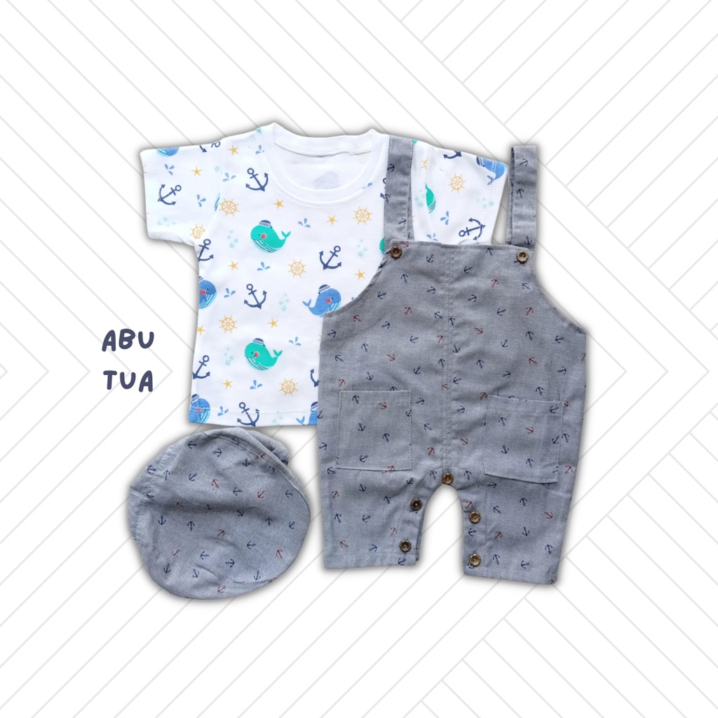 overall baby cowok WHALE baju kodok anak laki laki free topi chino overall romper overall bayi