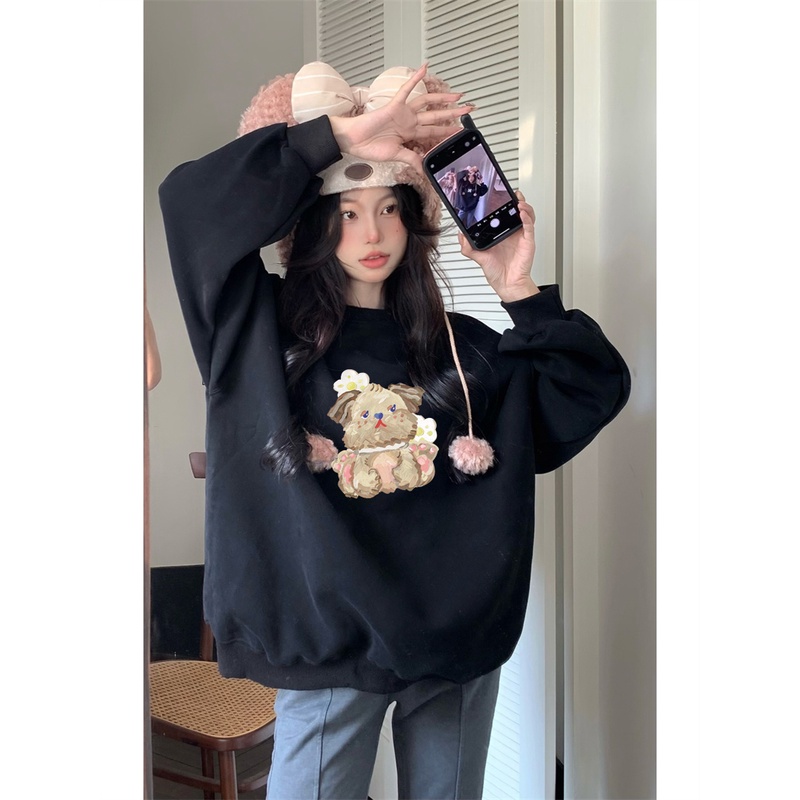 EUNII Sweater Lengan Panjang Cute Oil Painting Bear Korean Style/Hoodie Oversize/Baju Wanita/Switer Wanita