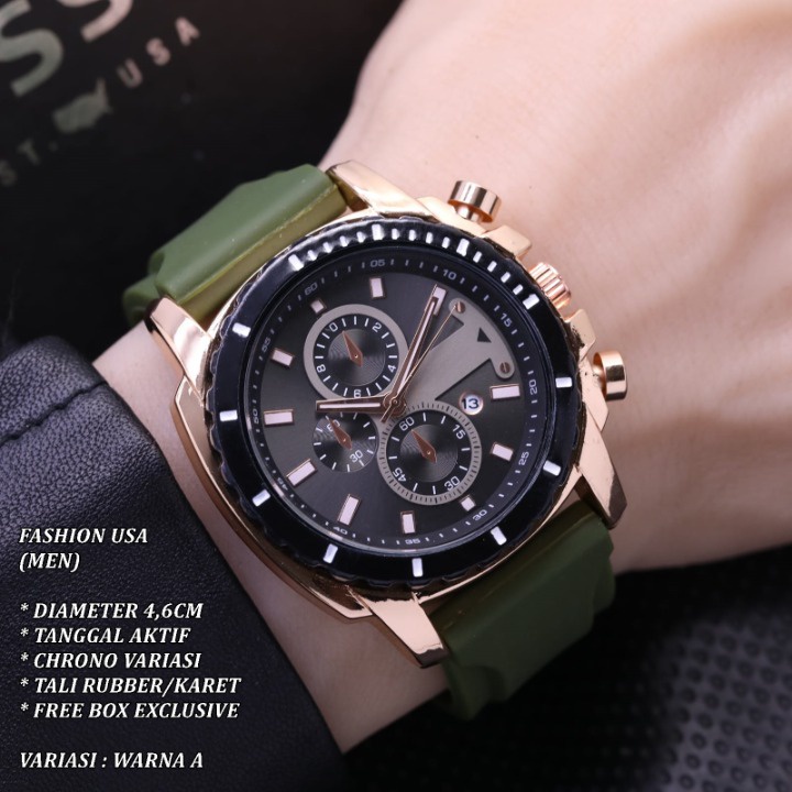 (FREE BOX) JAM TANGAN PRIA FASHION TALI RUBBER BODY BULAT STAINLEES TANGGAL AKTIF