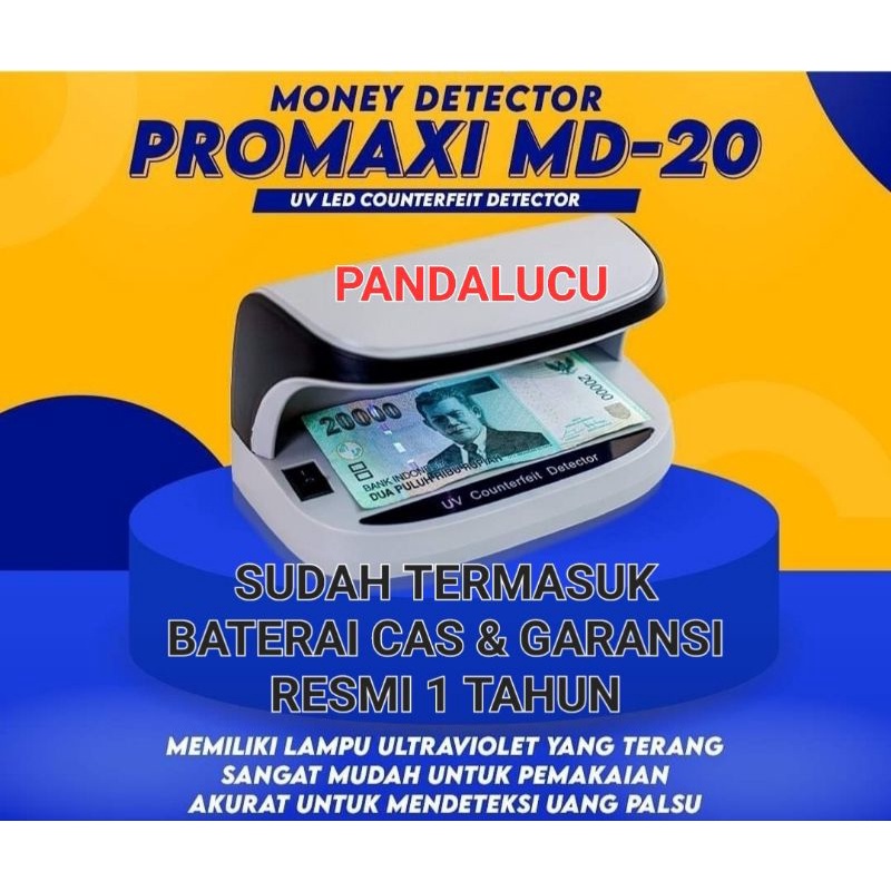 Money Detector PROMAXI MD-20 LED - Lampu UV Deteksi Uang Palsu Cas