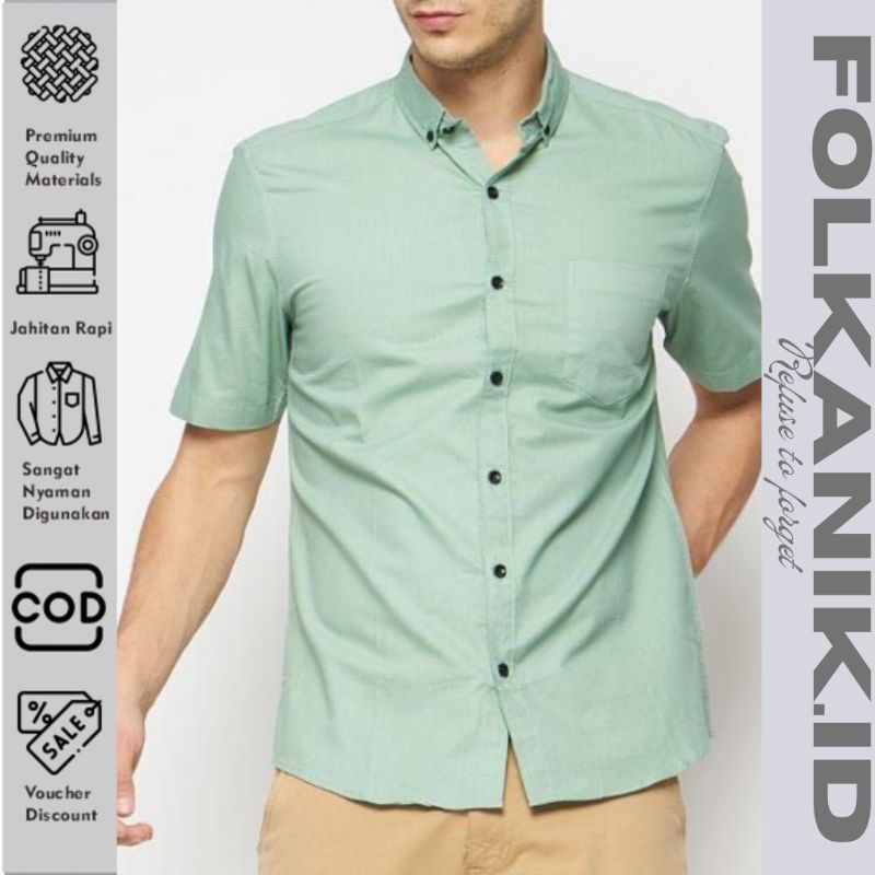 Kemeja Coupel Ayah dan anak laki laki lengan pendek warna hijau sage tosca mint polos basic premium 