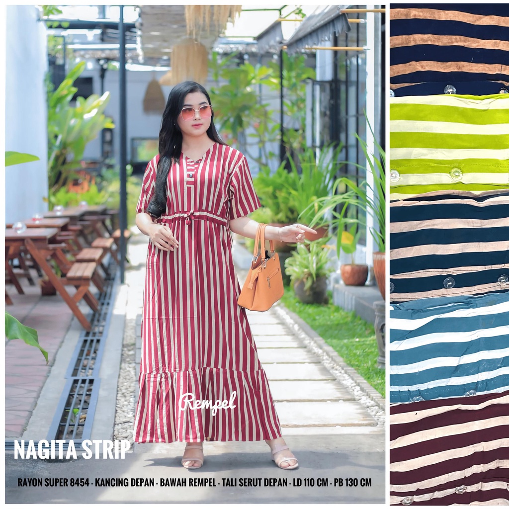 Dress Nagita Strip Wanita Bahan Rayon Motif Terbaru Panjang Daster Semata Kaki Kancing Depan