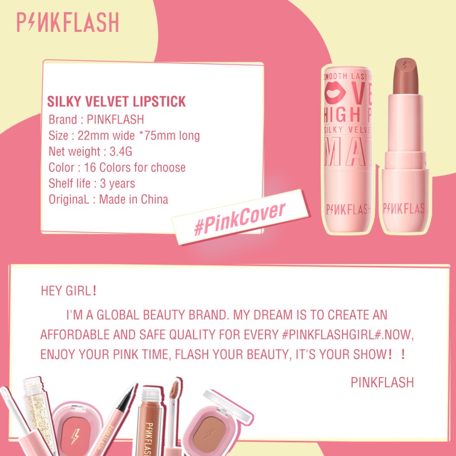 PINKFLASH PinkCover Cover Girl Velvet Matte Cream Lipstick High Pigment Halus dan Lembut Seperti Krim - PK01