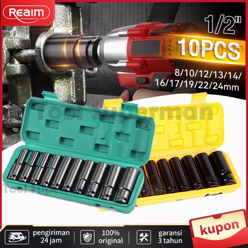 Impact Socket Set 10Pcs 1/2 Inch 8-24MM Panjang Mencapai Extension Impact Socket Soket Nut Perbaikan Alat