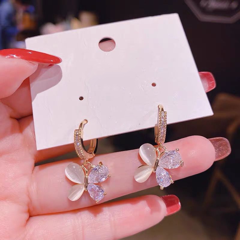 Anting Tusuk Sterling Silver 925 Desain Kupu-Kupu Hias Batu Opal / Zircon Mewah Untuk Wanita Butterfly