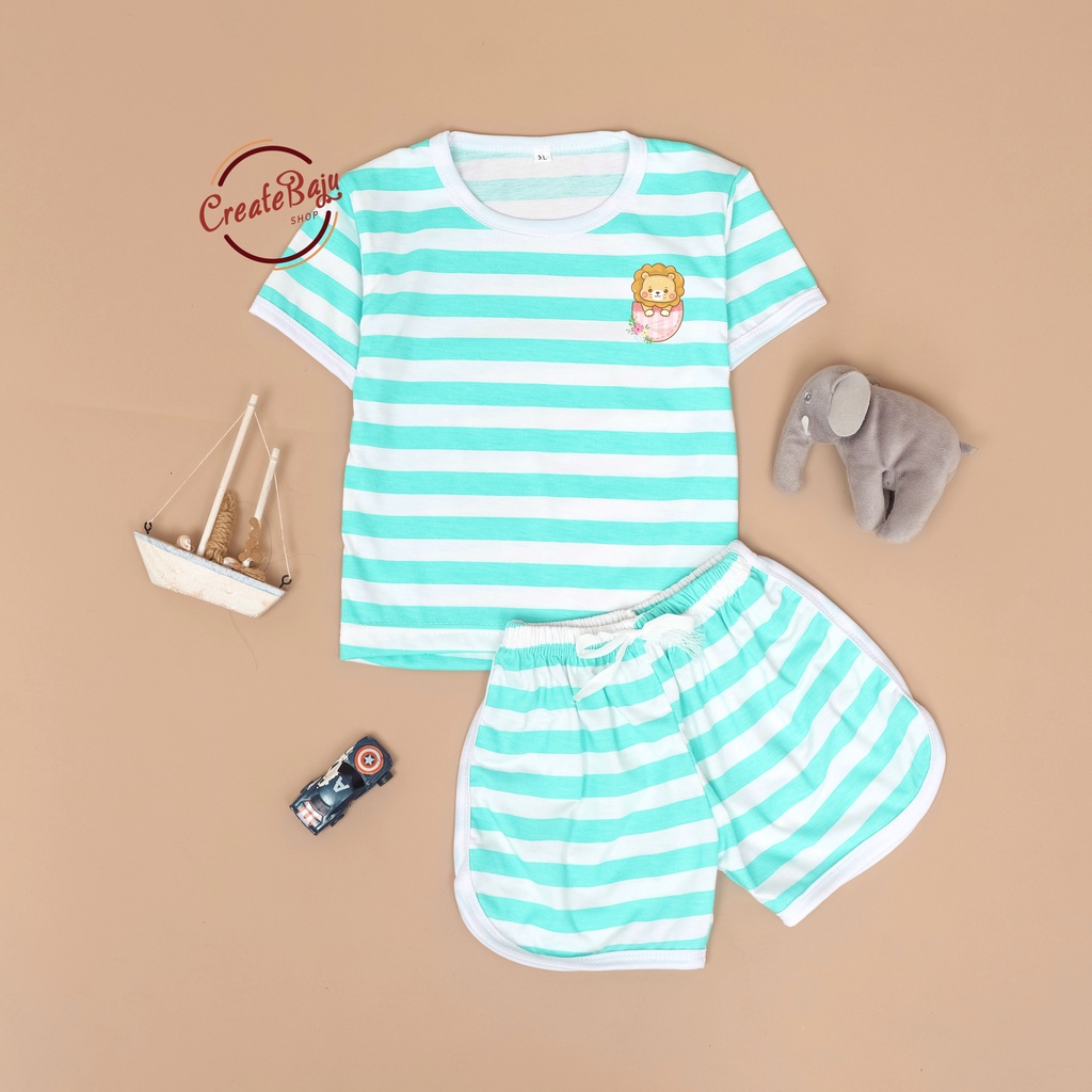 SETELAN ANAK MOTIF SALUR KARAKTER LION KANTONG SETELAN ANAK POLOS UNISEX LENGAN PENDEK