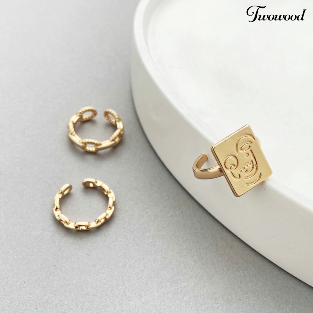 3pcs Cincin Model Rantai Twisted Terbuka Adjustable Motif Wajah Tersenyum Untuk Wanita