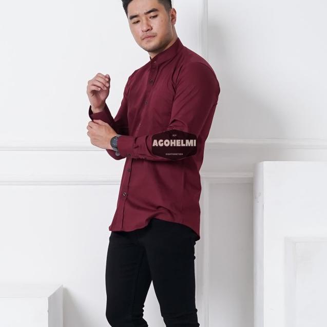 Kemeja Lengan Panjang Pria Merah Maroon Kerah Shanghai Polos Slimfit - Maroon, M