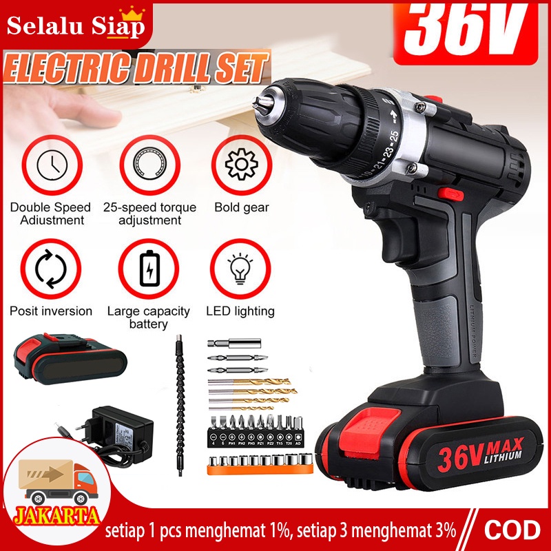 36V Mesin Bor Baterai Tangan Cordless Drill Battery impact drill Cordless Electric Drill Impact Cordless Electric Drill