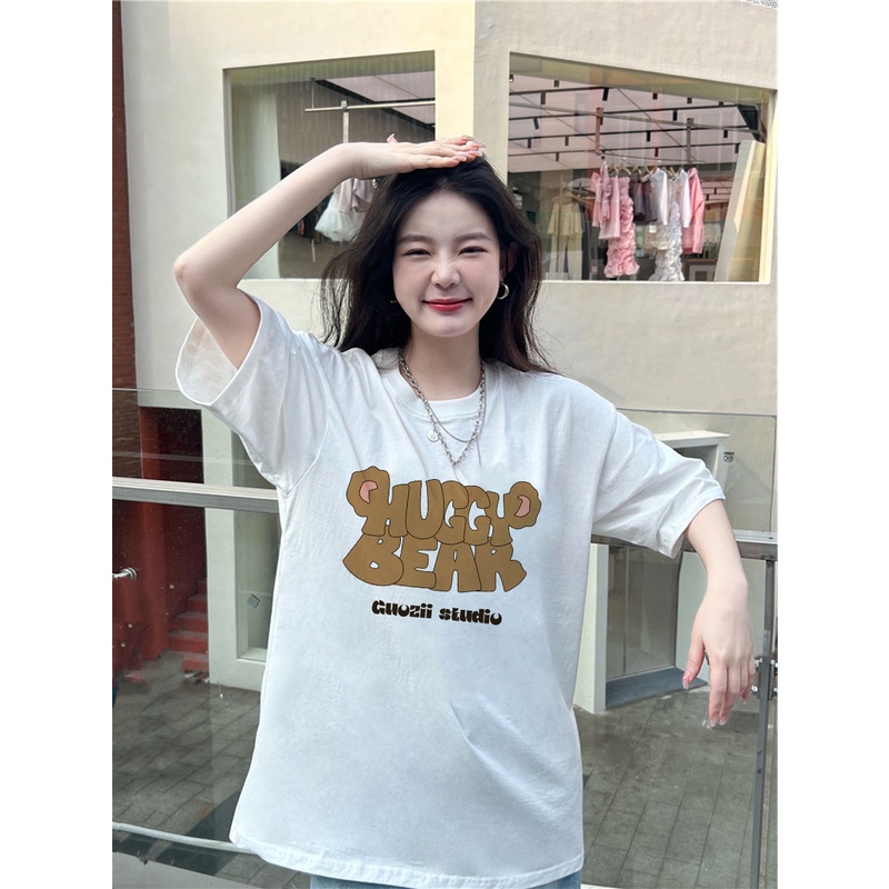 EUNII T-shirt Lengan Pendek Cute Bear Ears Korean Style/Kaos Atasan Wanita/Baju Kaus Oversize Wanita/Kaos Wanita