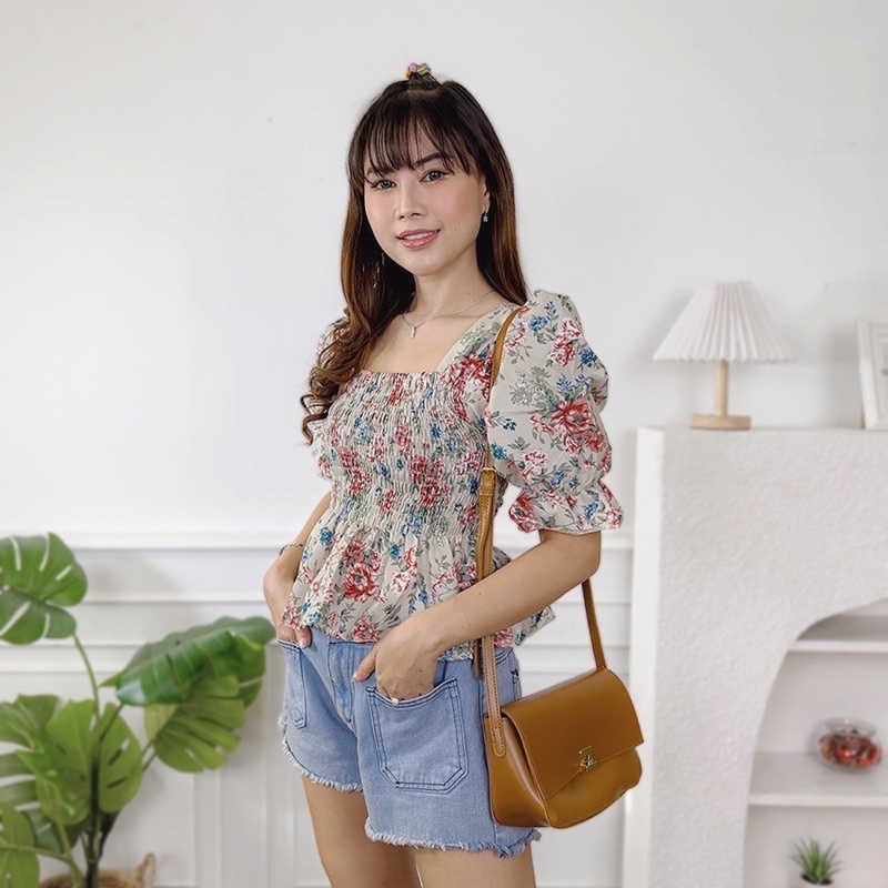 Tq88indonesia Fashion Baju Blouse Wanita Terbaru / Chuya Babydoll Smock Sweet Top / Blus Floral Lengan Pendek / Busana Casual Cewek / ootd Kasual Kekinian