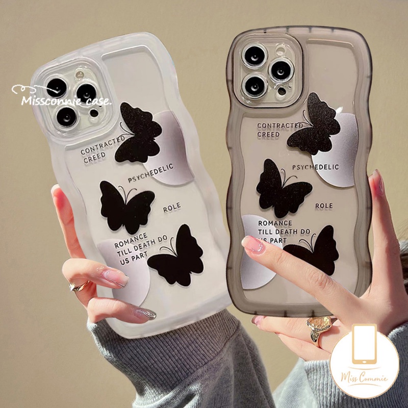 Casing Cute Three Black Butterfly Redmi Note11 Pro+9Pro 9s 11s 10s Note 10 Pro Max Plus Note9 Note8 Redmi 12C A1 A1+9T 10A 9 10 10C 9A 9C NFC Mi 11T Wavy Edge Cute Soft Cover