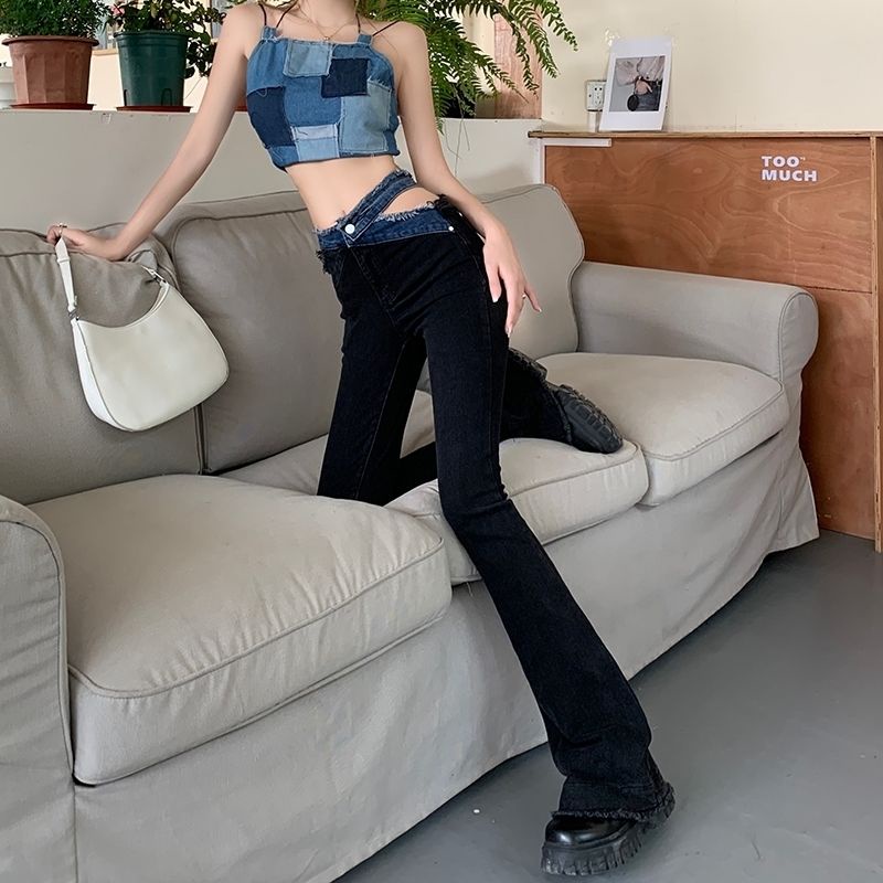 Suhao Spice Girls High Waist Micro Flared Jeans Wanita Akal Desain Niche Musim Semi 2022 Baru Slim Hitam Horseshoe Celana