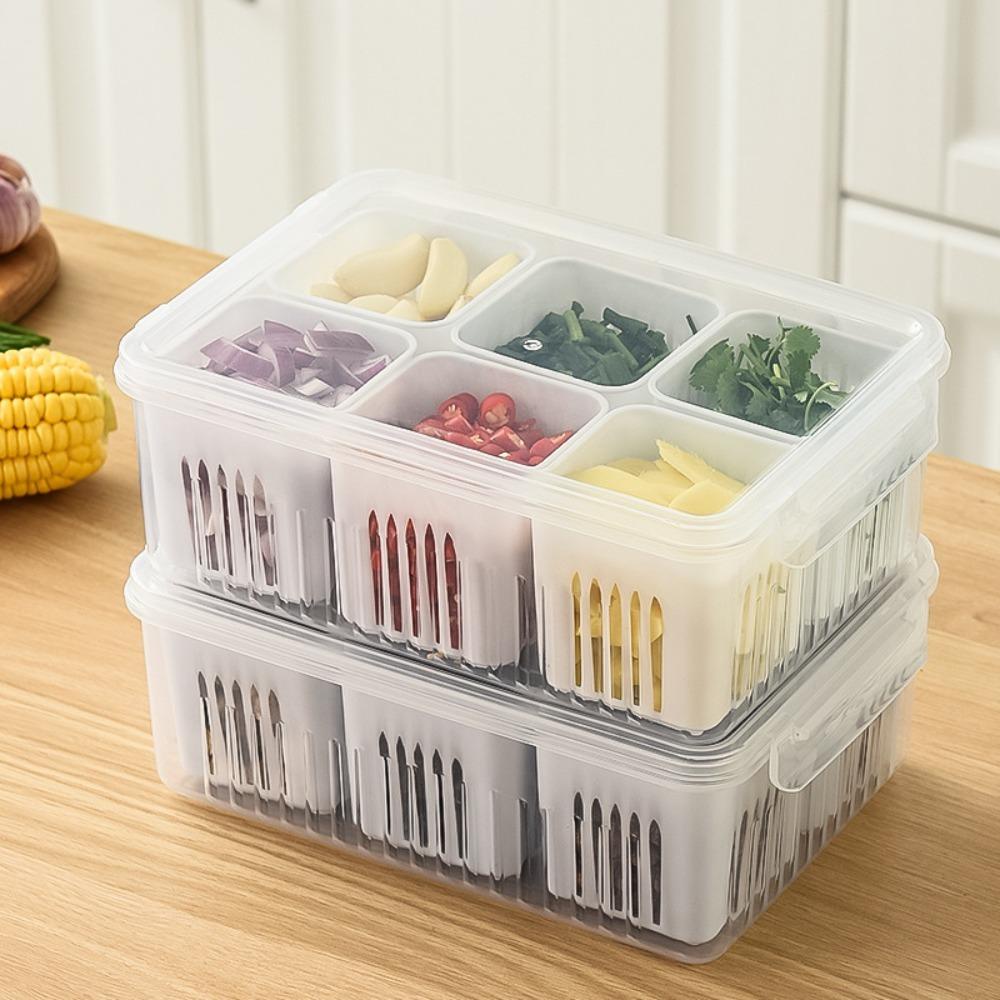 R-FLOWER Garlic Fresh-keeping Box Transparan Multi-Fungsi Kulkas Freezer Organizers Drain Storage Box Sealing Kotak Penyimpanan Makanan Kotak Sayur Dengan Penutup