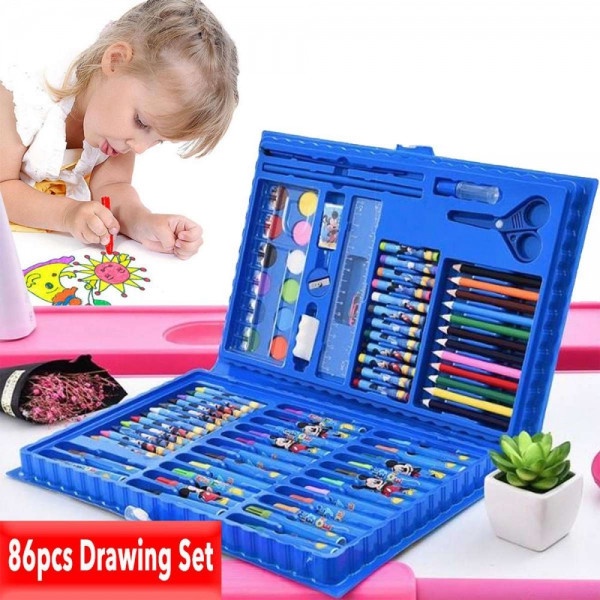 

[COD] crayon art set 86 cat pensil mewarnai lem cair kuas warna paper clip - Biru