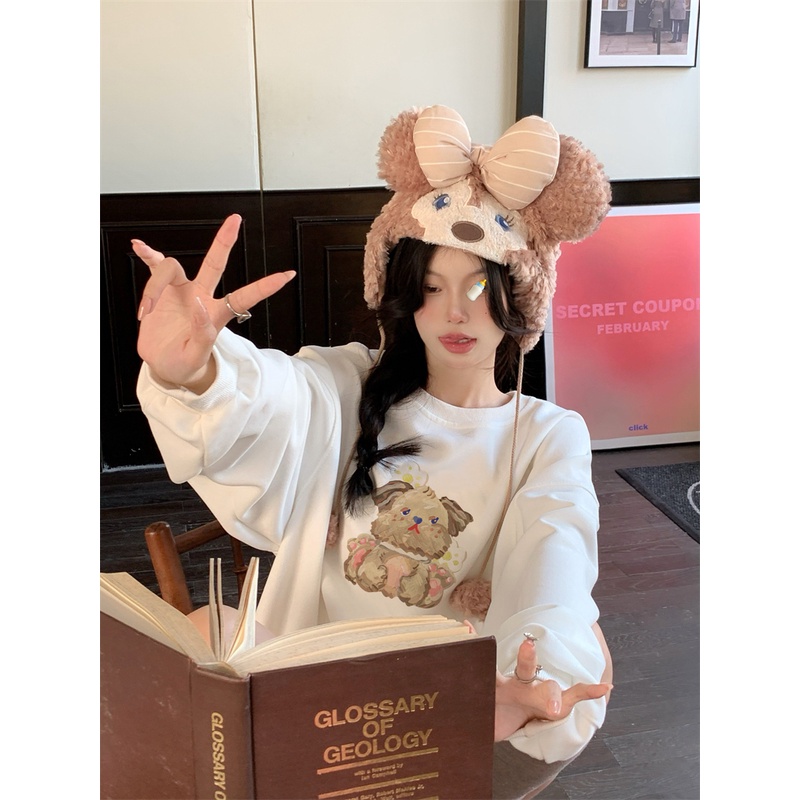 EUNII Sweater Lengan Panjang Cute Oil Painting Bear Korean Style/Hoodie Oversize/Baju Wanita/Switer Wanita