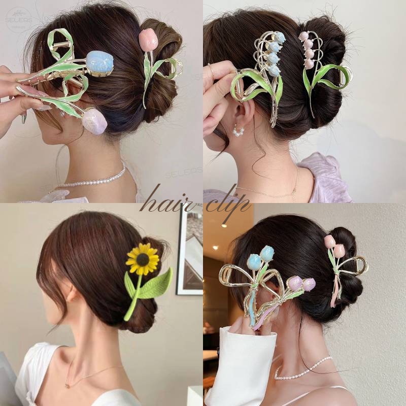 Jepit Rambut Tulip Bunga Matahari Bahan Metal Hair Clip Korea Enamel Gaya Untuk Wanita