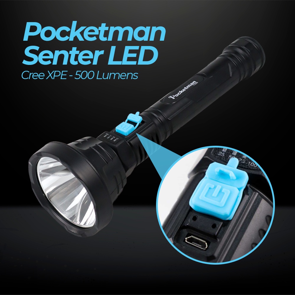 Pocketman Senter LED Flashlight Waterproof USB Rechargeable Cree XPE 500 Lumens - Y-826