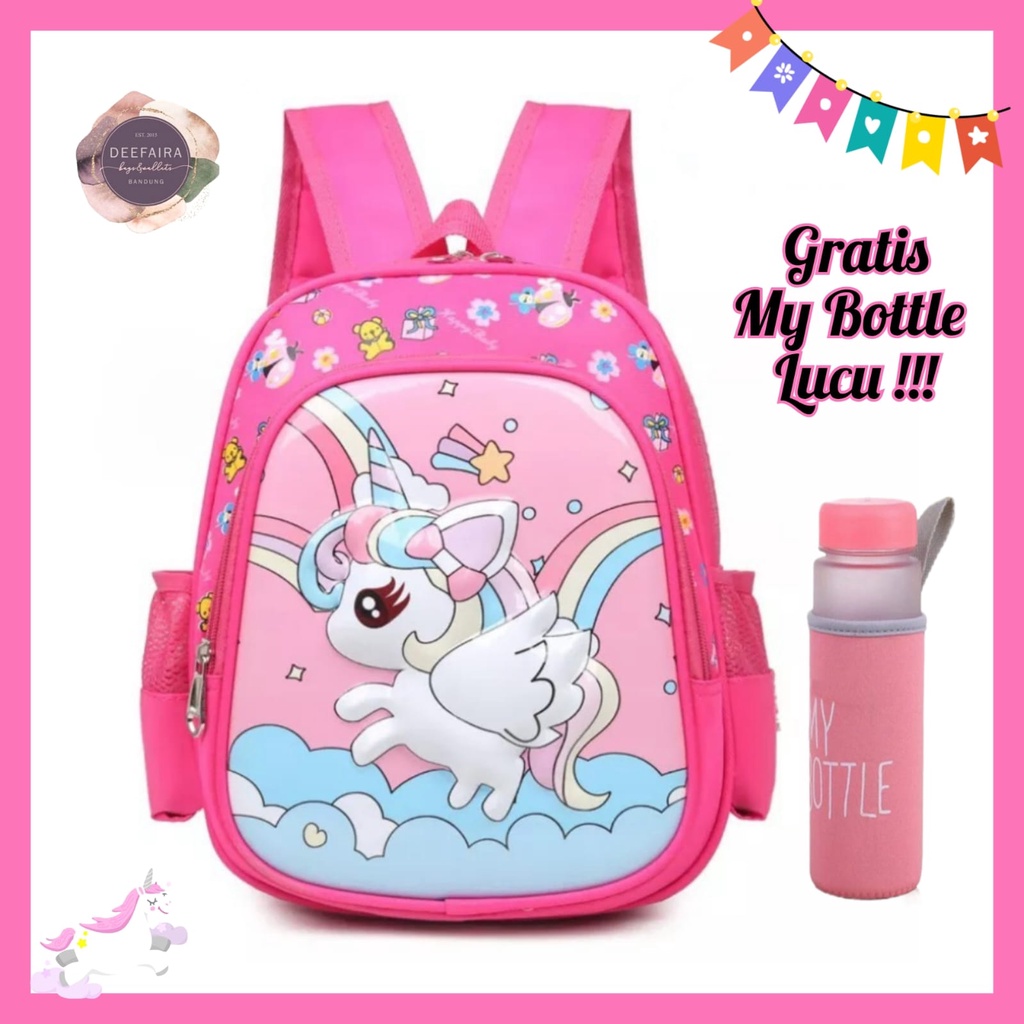 Tas Ransel Anak Perempuan Untuk Tk Paud Dan Sd Motif Uniqorn Pelangi Cu01 Gratis My B0ttle Lucu