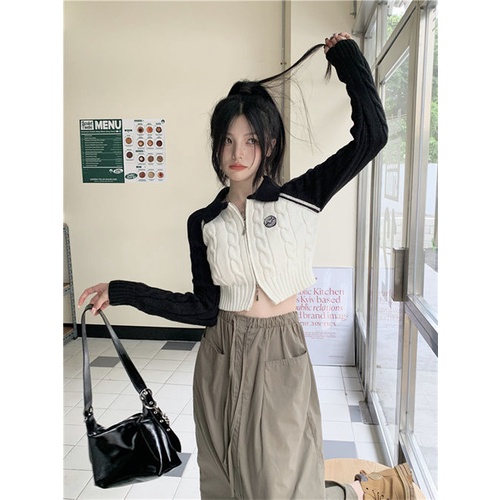 Jaket Sweater Ritsleting Gaya Amerika Wanita Musim Gugur Baru Slim Rajutan Cardigan Bawahan Atasan Lengan Panjang