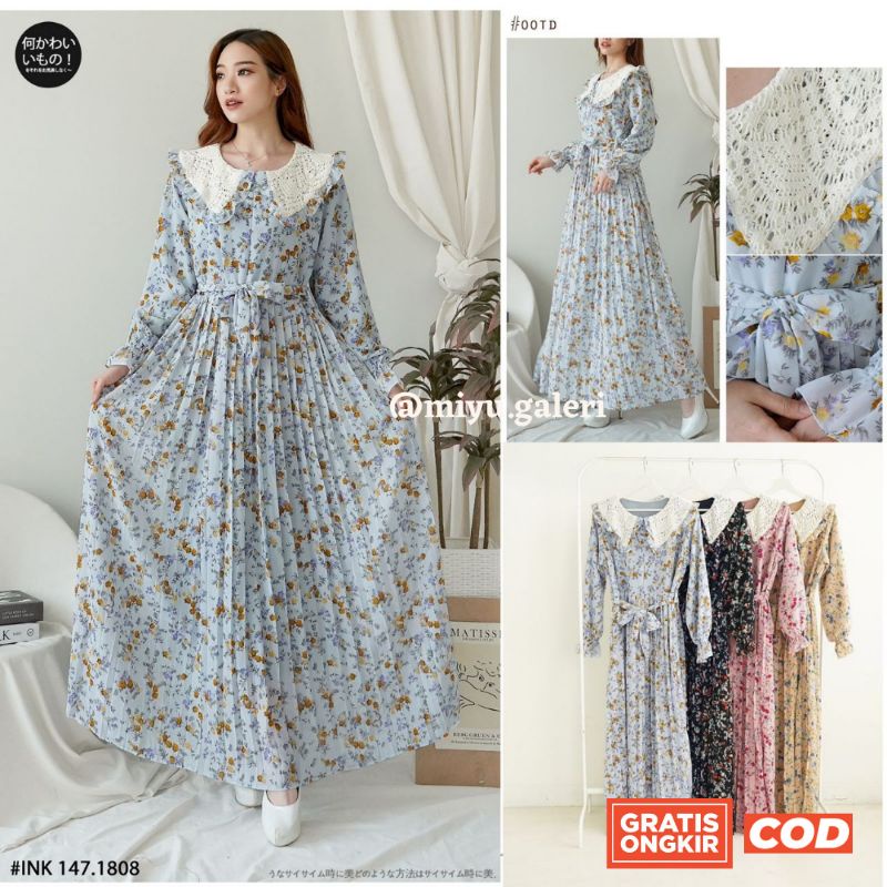Ziva Dress Gamis Plisket Korean Dress Ceruty Premium Import Motif Bunga Kerah Renda Terbaru 2022 Kor