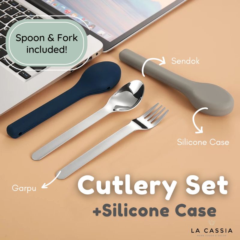 Alat Makan Travel Portable Sendok Garpu Stainless Steel with Silicone Case Cutlery Set