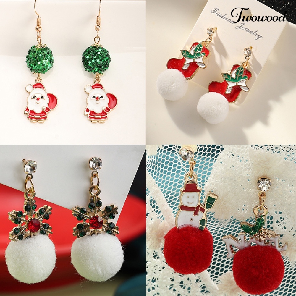 Anting Hook Bentuk Bola Bulu Santa Claus Snowflake Untuk Wanita