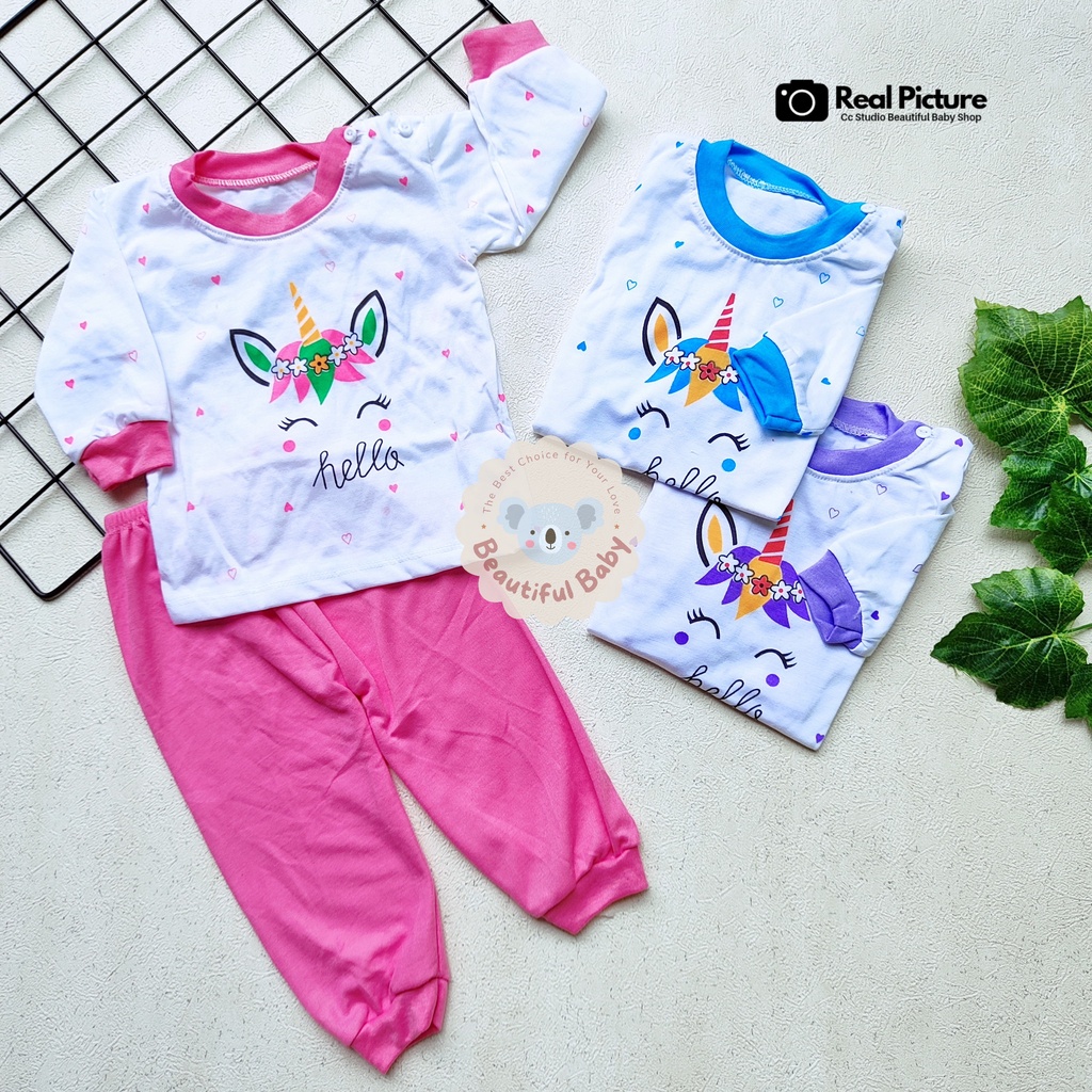 Setelan Piyama Bayi Perempuan 3-12 bulan Motif Unicorn / Setelan Baju Bayi Panjang / Celana Panjang Bayi / Baju Bayi Perempuan / Beautiful Baby Shop