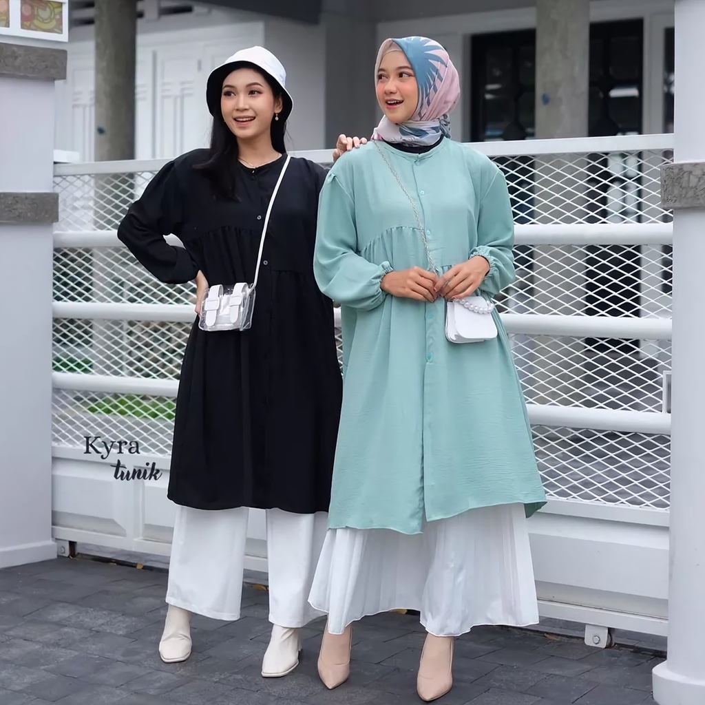 TUNIK CRINKLE AIRFLOW PUTIH POLOS KYRA CHARISSA CARISA RUFFLE PREMIUM JUMBO FULL KANCING