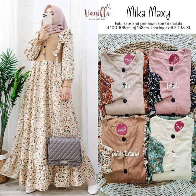 Mika Maxy, GAMIS WANITA MUSLIM CANTIK MODIS FIT XL LD 110-110 BAHAN KAOS KNIT IMPORT MIX SHAKILA PREMIUM OOTD