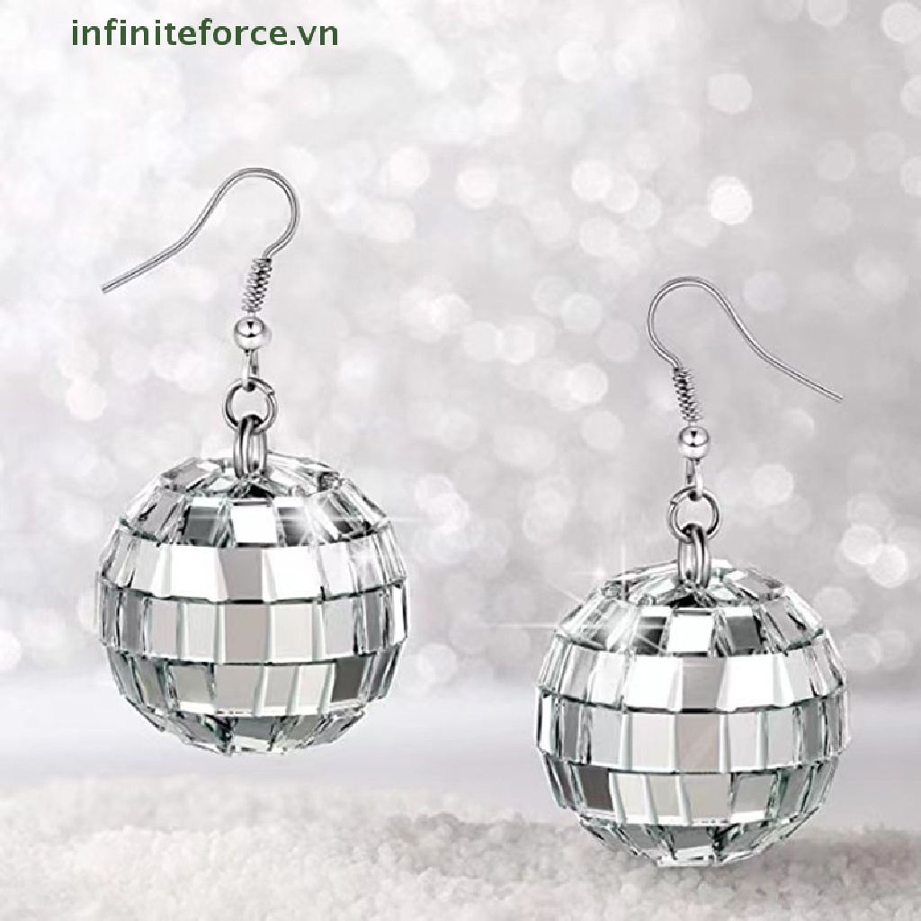 [INVN] 1pasang 70s Warna Silver Shiny Disco Ball Menjuntai Anting Untuk Wanita Keren Fashion Perhiasan Retro Bulat Drop Earrings [VN]