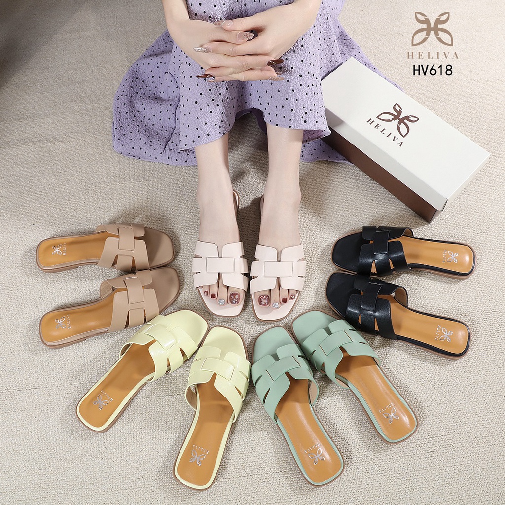 HELIVA MONICA Flat Shoes Teplek Sol 1,5cm Rendah Sandal Slide Bahan Kulit HV618 Original Brand