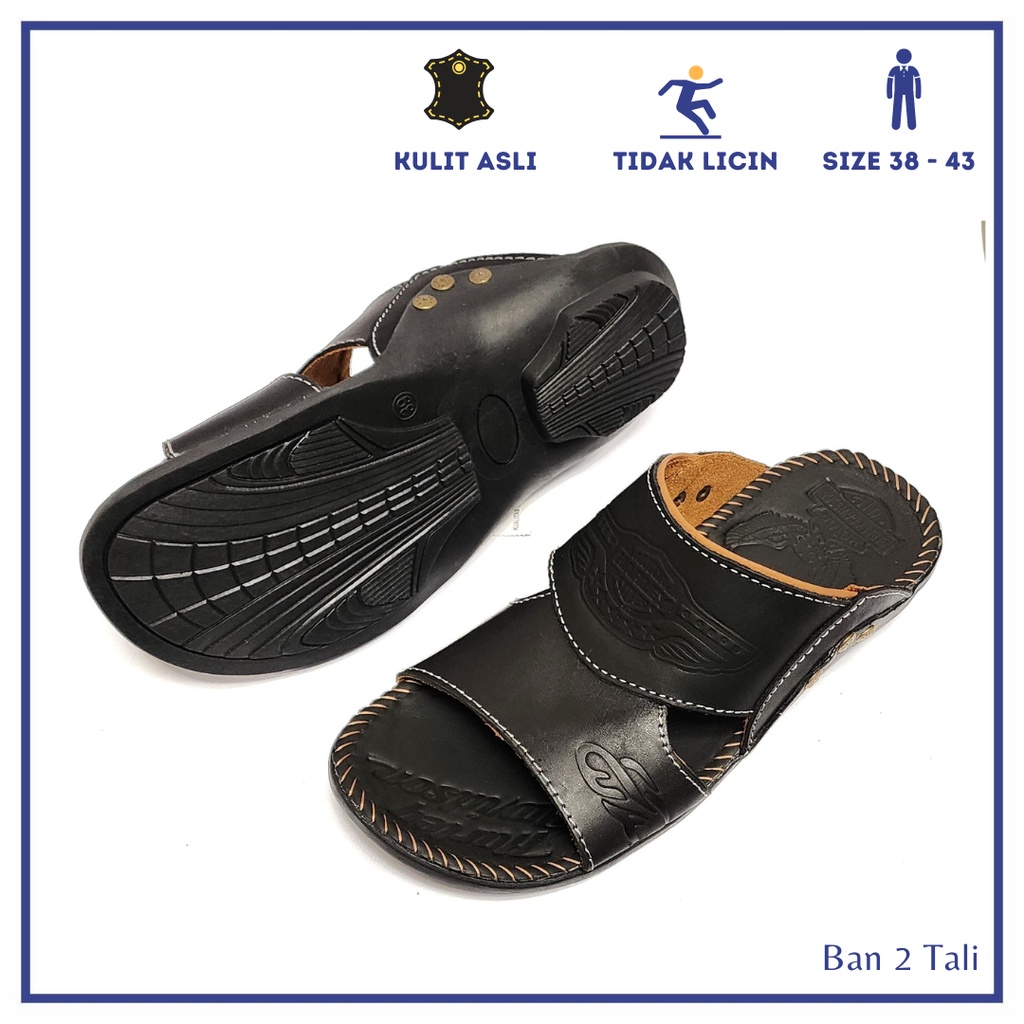 Sandal Kulit Pria Harley Davidson Selop Hitam - Ban 2 Tali