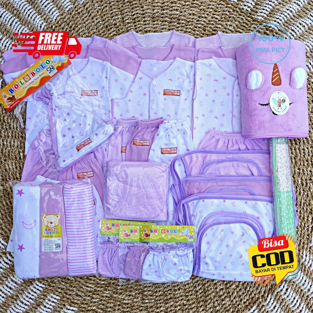 SALE 7.7 - 50 PCS Paket Lahiran Super Hemat Komplit Baju Bayi Baru Lahir Paket Hemat Bayi Baru Lahir Serian Lilac