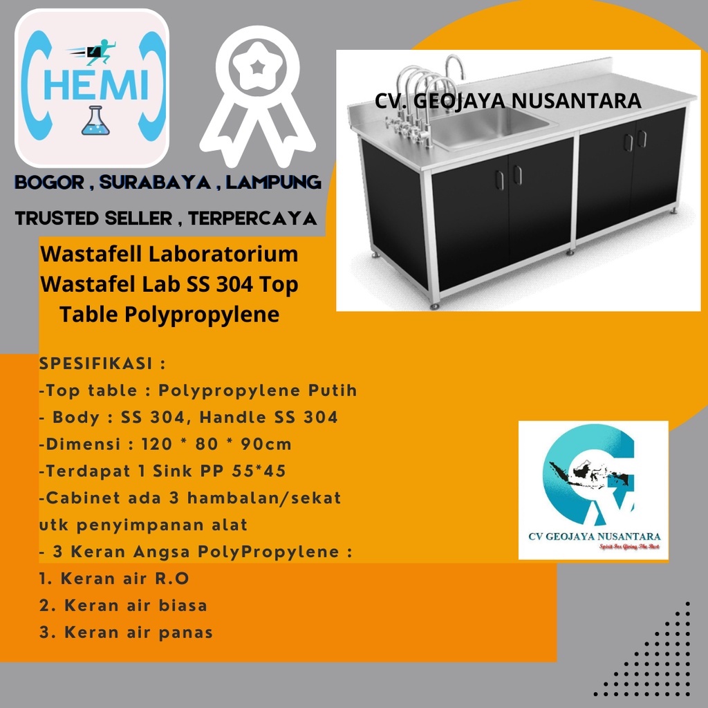 Wastafell Laboratorium Wastafel Lab SS 304 Top Table Polypropylene